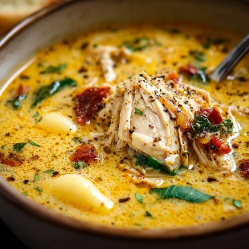 Creamy marry me chicken soup in white bowl with pasta shells, sun-dried tomatoes, spinach, and melted Parmesan cheese