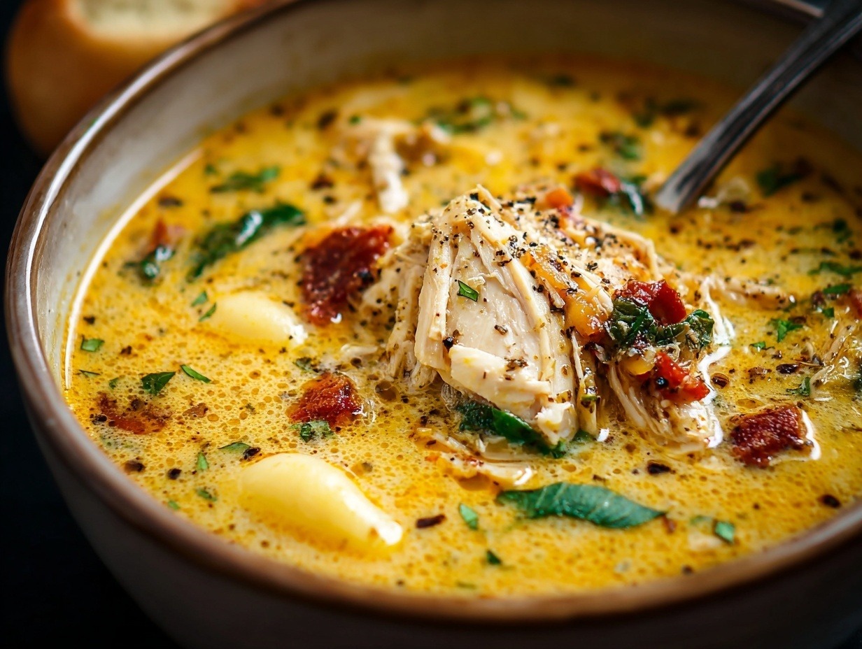 Creamy marry me chicken soup in white bowl with pasta shells, sun-dried tomatoes, spinach, and melted Parmesan cheese