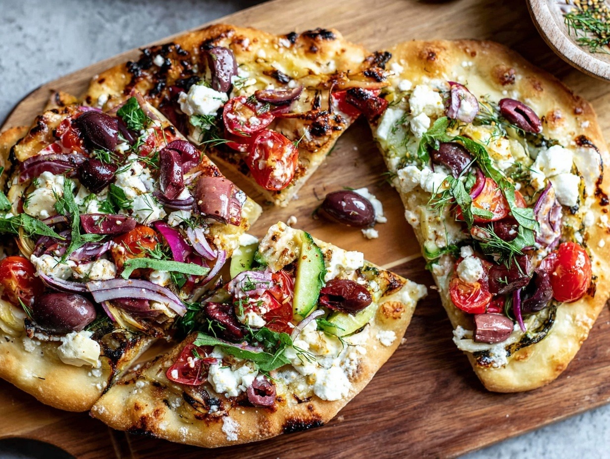 Easy Mediterranean flatbread on parchment paper topped with roasted red peppers, artichokes, kalamata olives, red onion, feta cheese, mozzarella, fresh parsley, and balsamic glaze drizzle