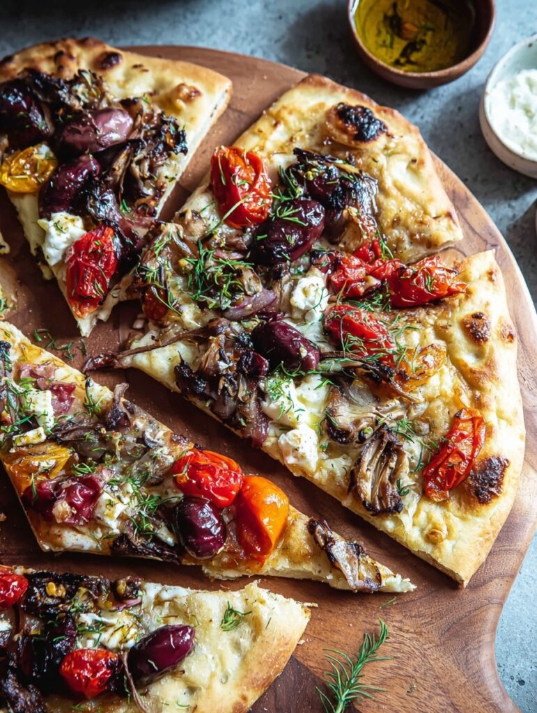 Easy Mediterranean flatbread on parchment paper topped with roasted red peppers, artichokes, kalamata olives, red onion, feta cheese, mozzarella, fresh parsley, and balsamic glaze drizzle