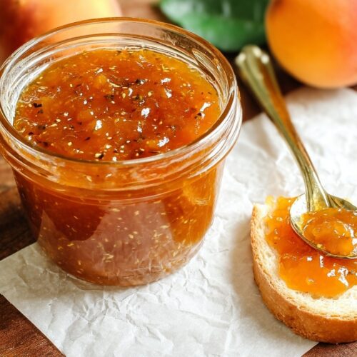 Peach jalapeño jam in white ramekin with spoon showing chunky texture with visible peach pieces and green jalapeño flecks