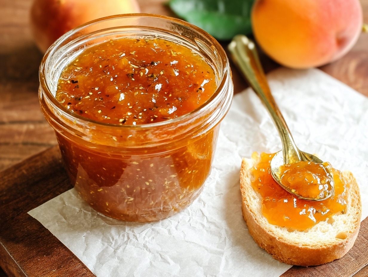 Peach jalapeño jam in white ramekin with spoon showing chunky texture with visible peach pieces and green jalapeño flecks