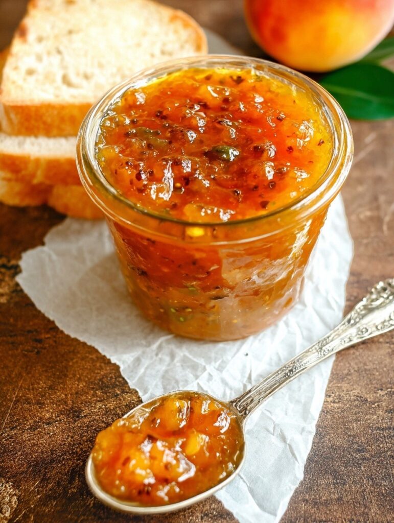Peach jalapeño jam in white ramekin with spoon showing chunky texture with visible peach pieces and green jalapeño flecks