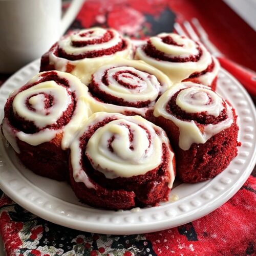 Fluffy red velvet cinnamon rolls with cream cheese frosting in white baking dish, showing vibrant red swirls and chocolate chips