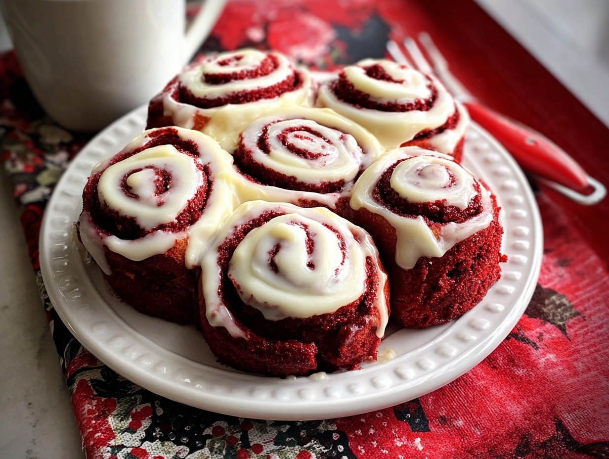 Fluffy red velvet cinnamon rolls with cream cheese frosting in white baking dish, showing vibrant red swirls and chocolate chips