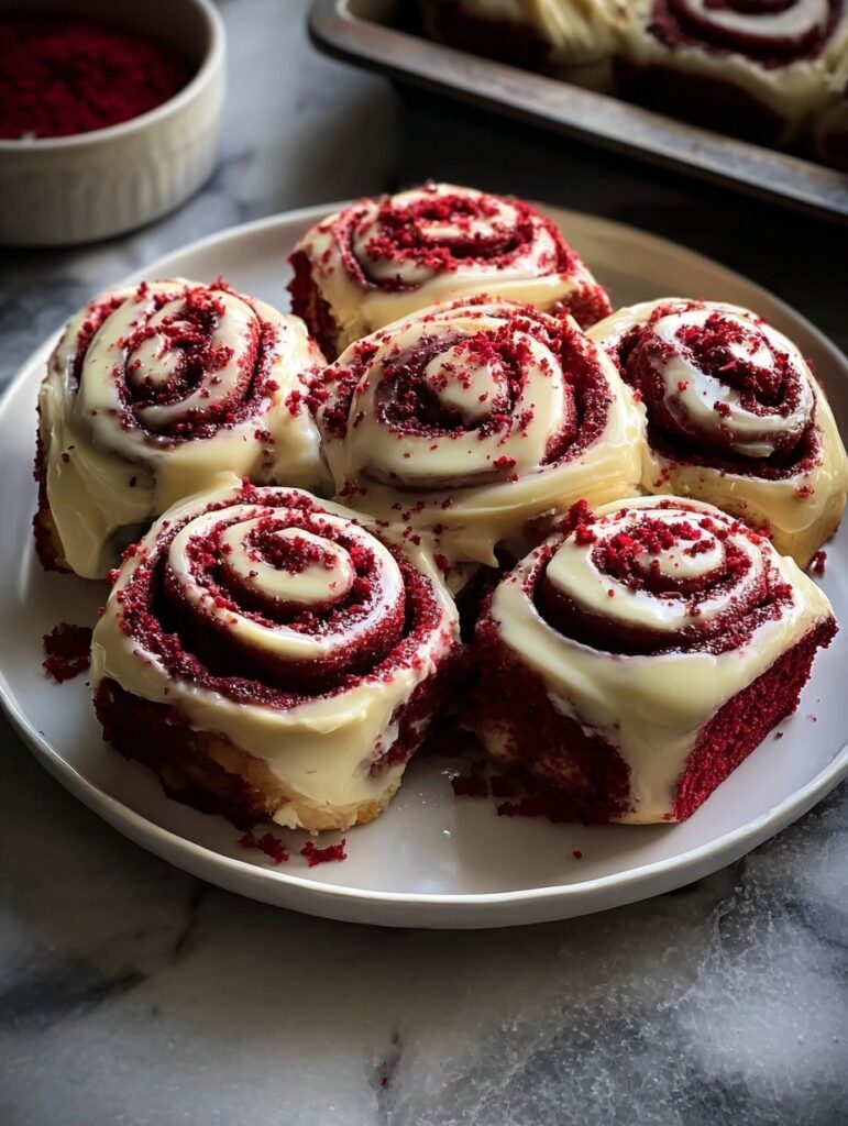 Fluffy red velvet cinnamon rolls with cream cheese frosting in white baking dish, showing vibrant red swirls and chocolate chips