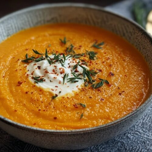 Vibrant orange roasted carrot soup in white bowl topped with Greek yogurt swirl, fresh parsley, and toasted pumpkin seeds on wooden table