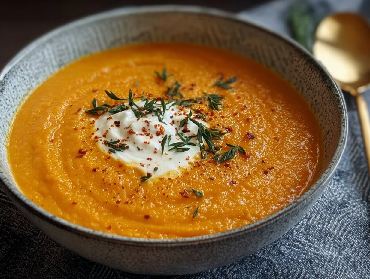 Vibrant orange roasted carrot soup in white bowl topped with Greek yogurt swirl, fresh parsley, and toasted pumpkin seeds on wooden table