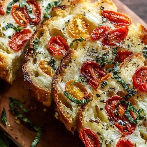 Savory caprese bread sliced on wooden board showing golden crust and tender interior studded with melted mozzarella cheese, sun-dried tomatoes, and fresh basil leaves