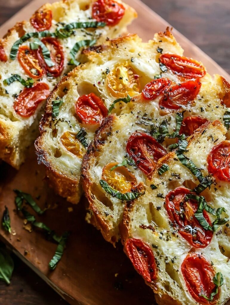 Savory caprese bread sliced on wooden board showing golden crust and tender interior studded with melted mozzarella cheese, sun-dried tomatoes, and fresh basil leaves