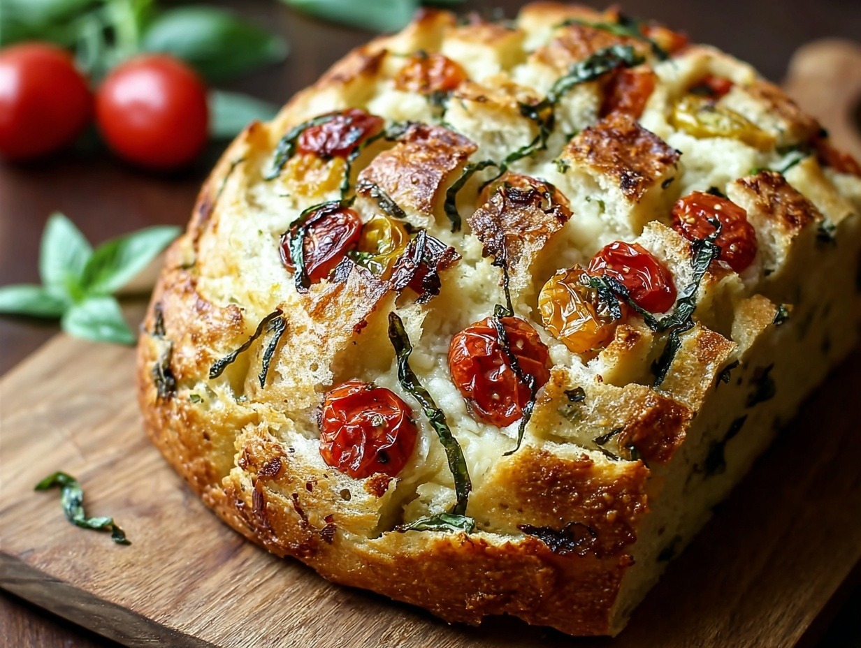 Savory caprese bread sliced on wooden board showing golden crust and tender interior studded with melted mozzarella cheese, sun-dried tomatoes, and fresh basil leaves