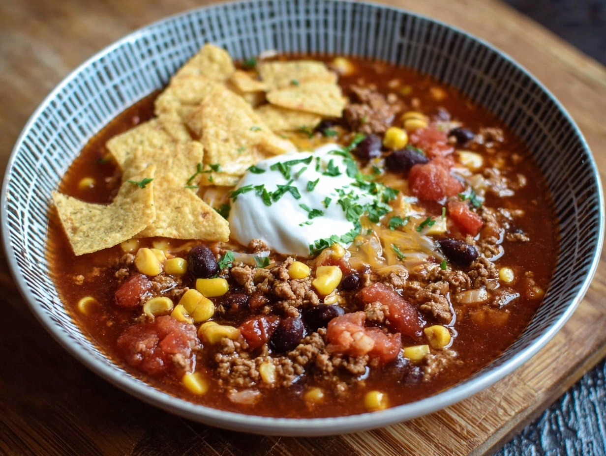Easy chicken taco soup in white bowl loaded with chicken, beans, corn, tomatoes, topped with melted cheese, sour cream, cilantro, avocado, and crunchy tortilla strips
