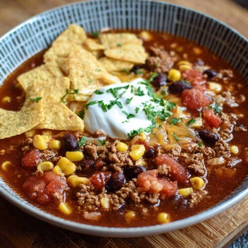 Slow cooker taco soup in bowl topped with melted cheddar cheese, sour cream, cilantro, tortilla chips and jalapeños, showing chunky beans, corn and ground beef