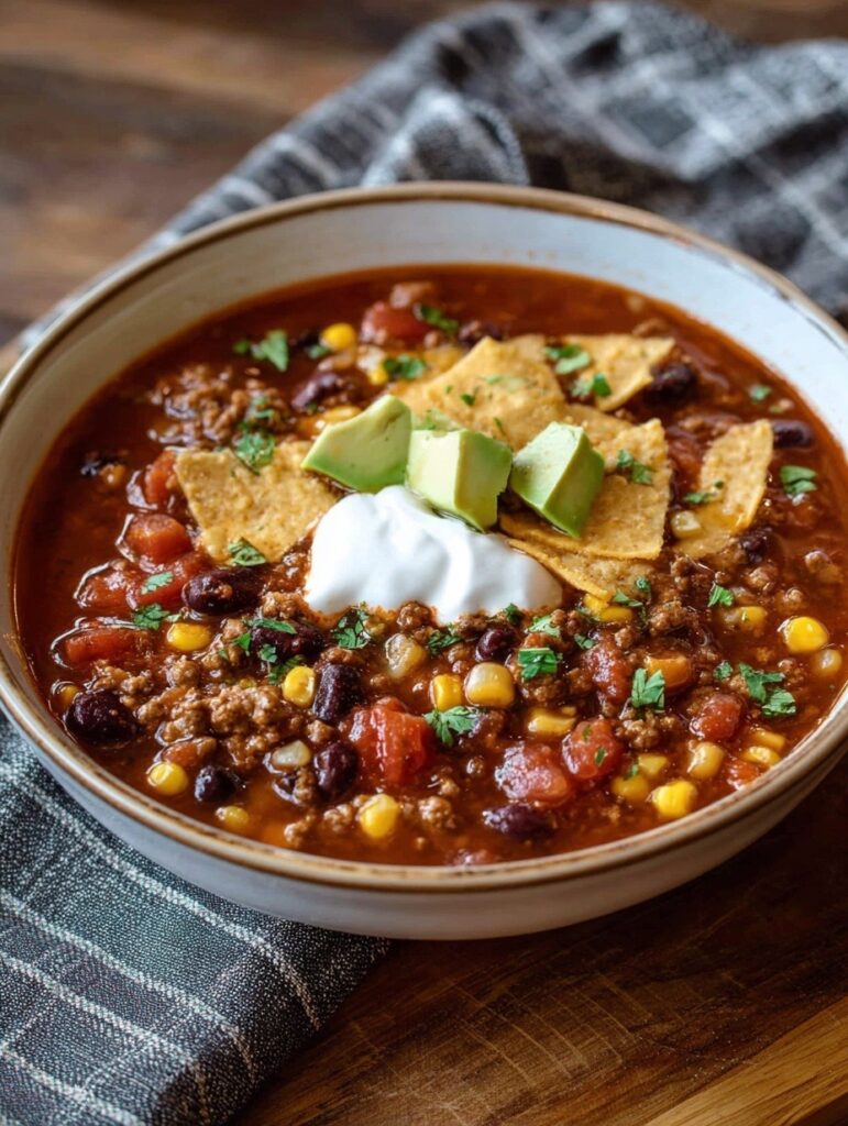 Slow cooker taco soup in bowl topped with melted cheddar cheese, sour cream, cilantro, tortilla chips and jalapeños, showing chunky beans, corn and ground beef