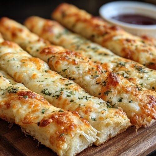 Sourdough cheesy breadsticks on wooden board showing dramatic cheese pull with melted mozzarella, golden crispy edges, garlic butter coating, fresh parsley, oregano and basil, soft airy sourdough interior, served with marinara sauce
