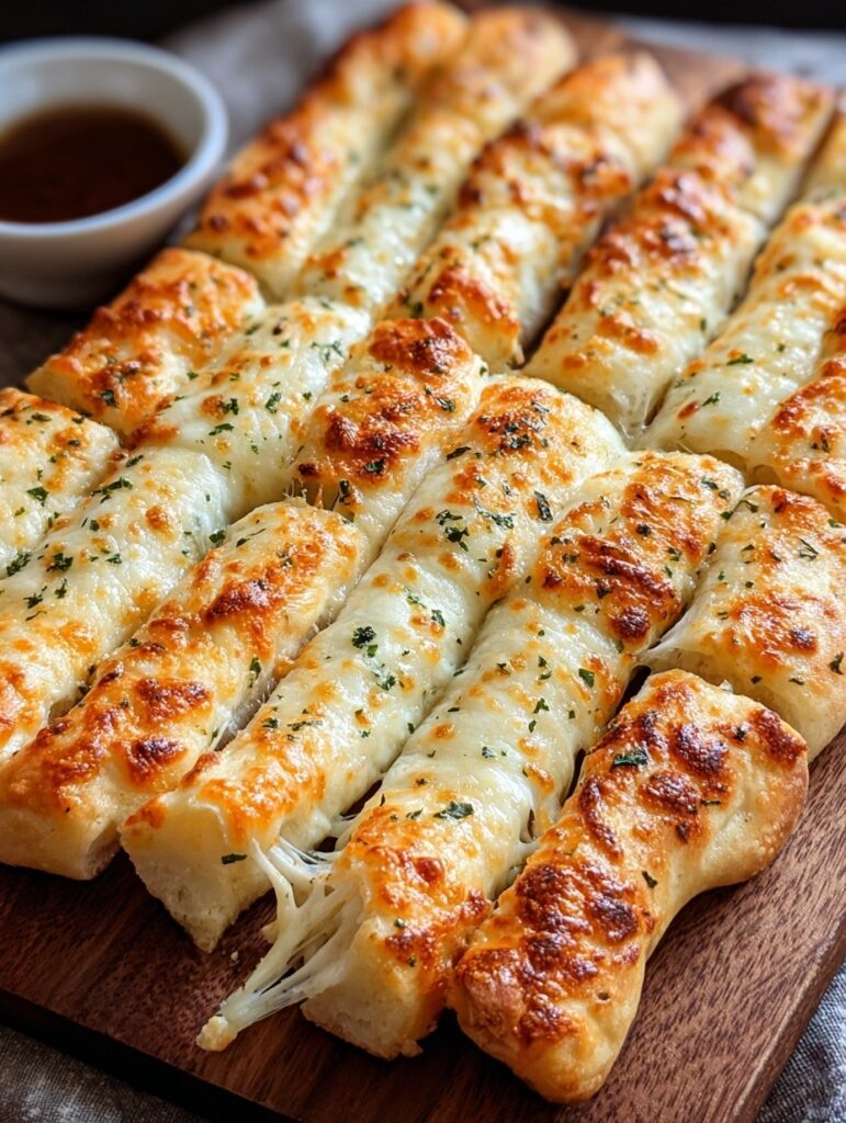 Sourdough cheesy breadsticks on wooden board showing dramatic cheese pull with melted mozzarella, golden crispy edges, garlic butter coating, fresh parsley, oregano and basil, soft airy sourdough interior, served with marinara sauce