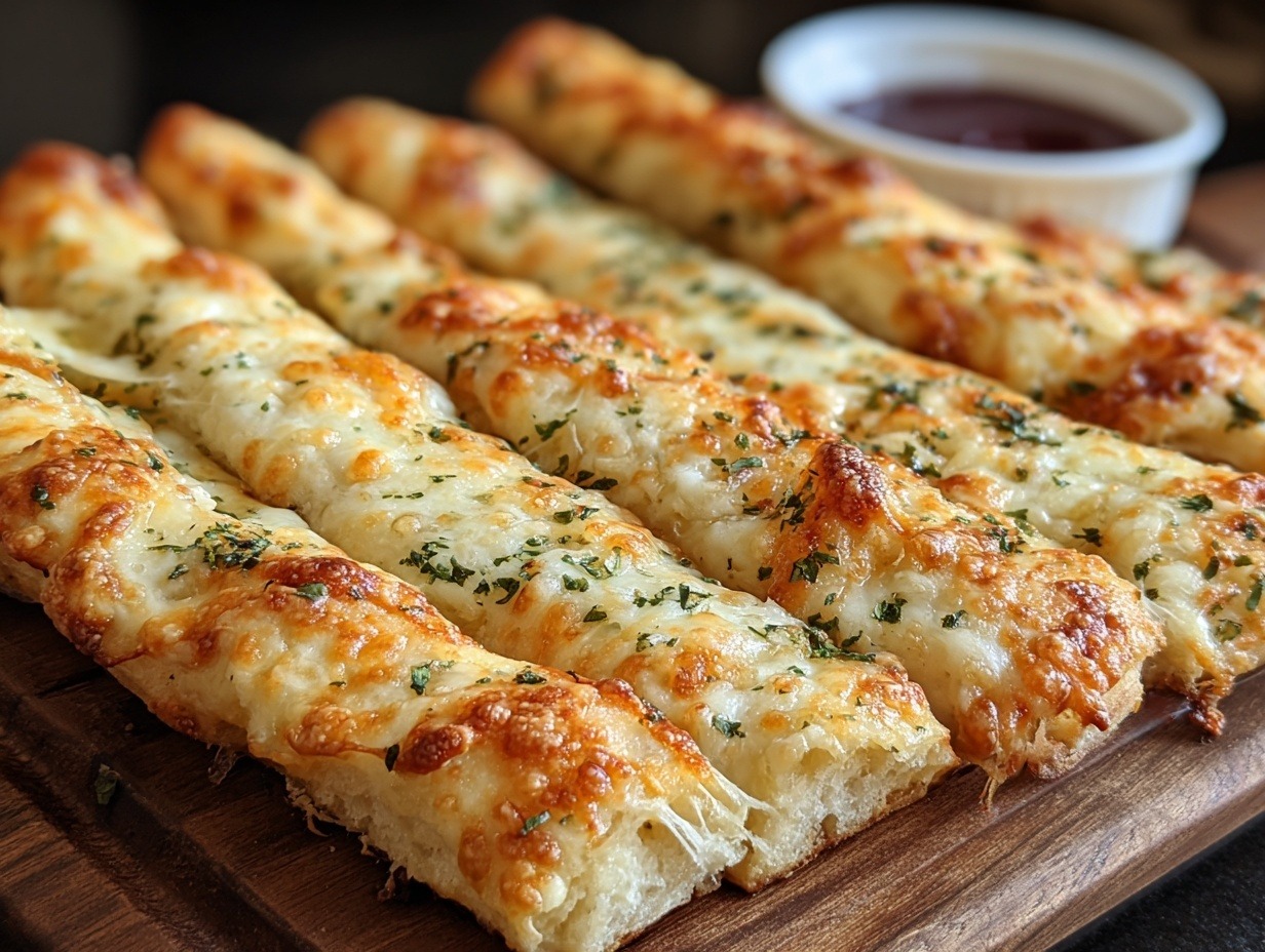Sourdough cheesy breadsticks on wooden board showing dramatic cheese pull with melted mozzarella, golden crispy edges, garlic butter coating, fresh parsley, oregano and basil, soft airy sourdough interior, served with marinara sauce