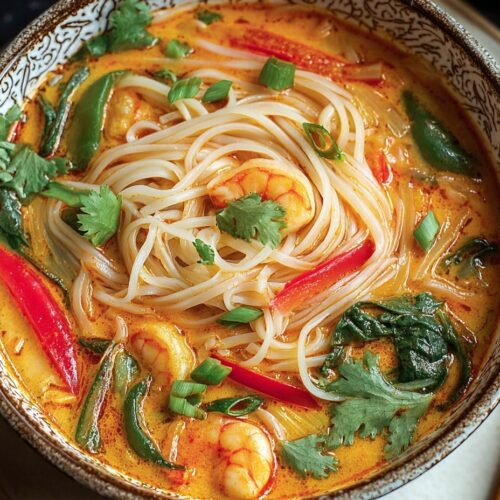 Thai red curry noodle soup in blue bowl with rice noodles, shredded chicken, red peppers in creamy coconut curry broth garnished with cilantro and chopsticks