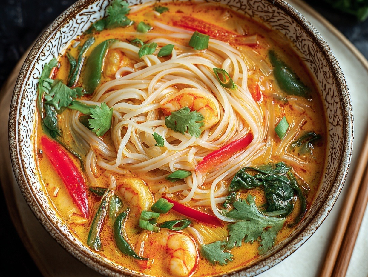 Thai red curry noodle soup in blue bowl with rice noodles, shredded chicken, red peppers in creamy coconut curry broth garnished with cilantro and chopsticks