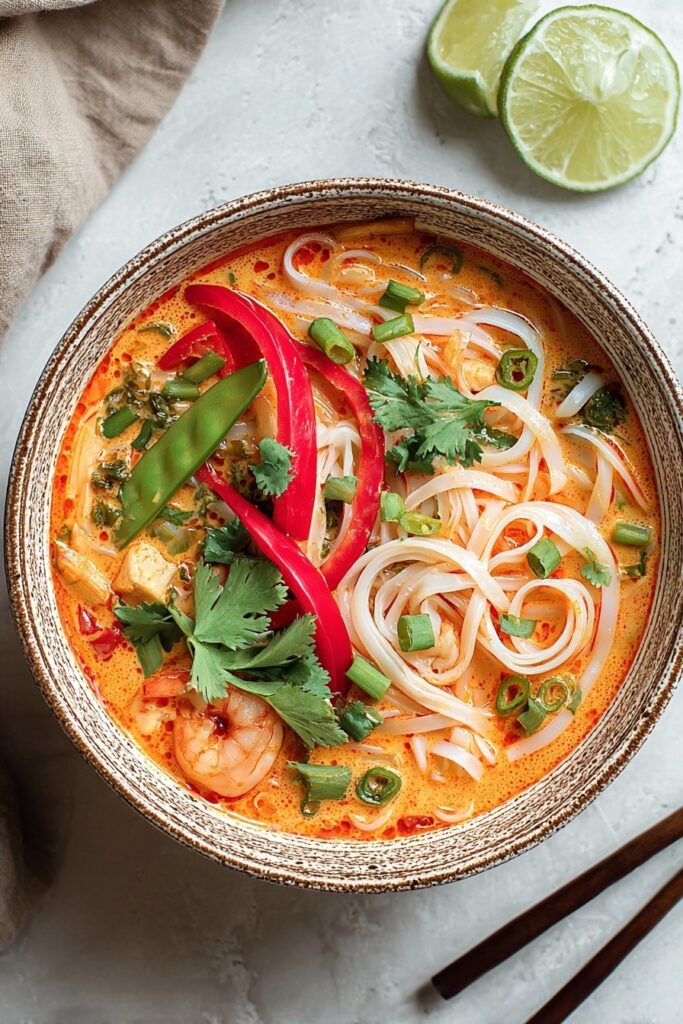 Thai red curry noodle soup in blue bowl with rice noodles, shredded chicken, red peppers in creamy coconut curry broth garnished with cilantro and chopsticks