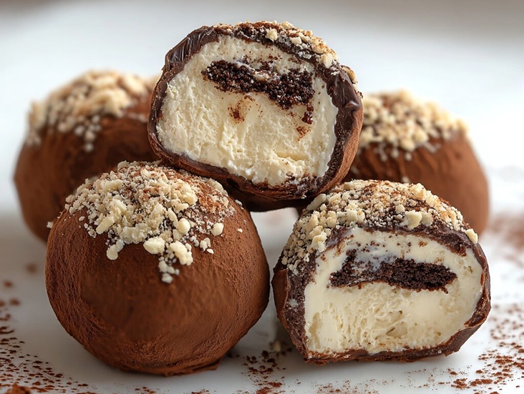 Dark chocolate coated tiramisu truffle dusted with cocoa powder, cut open showing creamy mascarpone filling with ladyfinger pieces