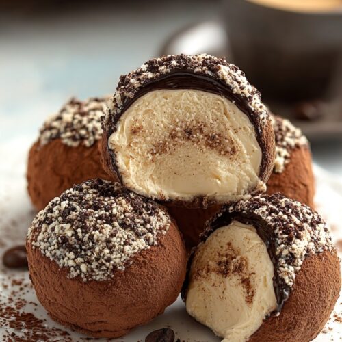 Dark chocolate coated tiramisu truffle dusted with cocoa powder, cut open showing creamy mascarpone filling with ladyfinger pieces
