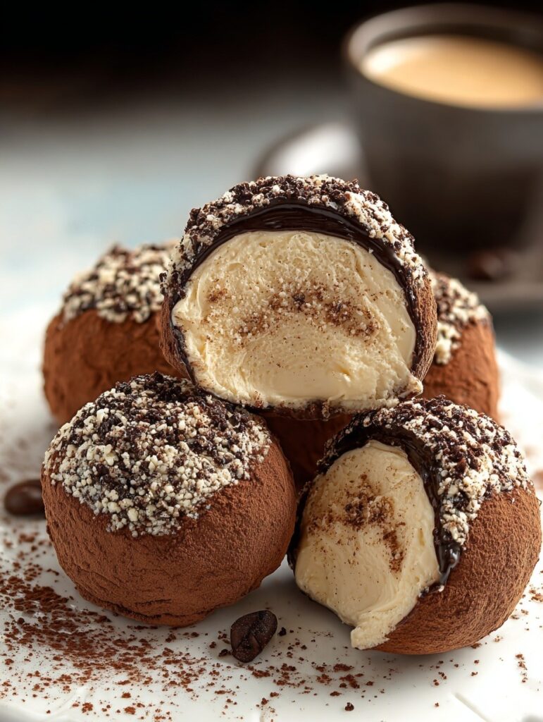 Dark chocolate coated tiramisu truffle dusted with cocoa powder, cut open showing creamy mascarpone filling with ladyfinger pieces
