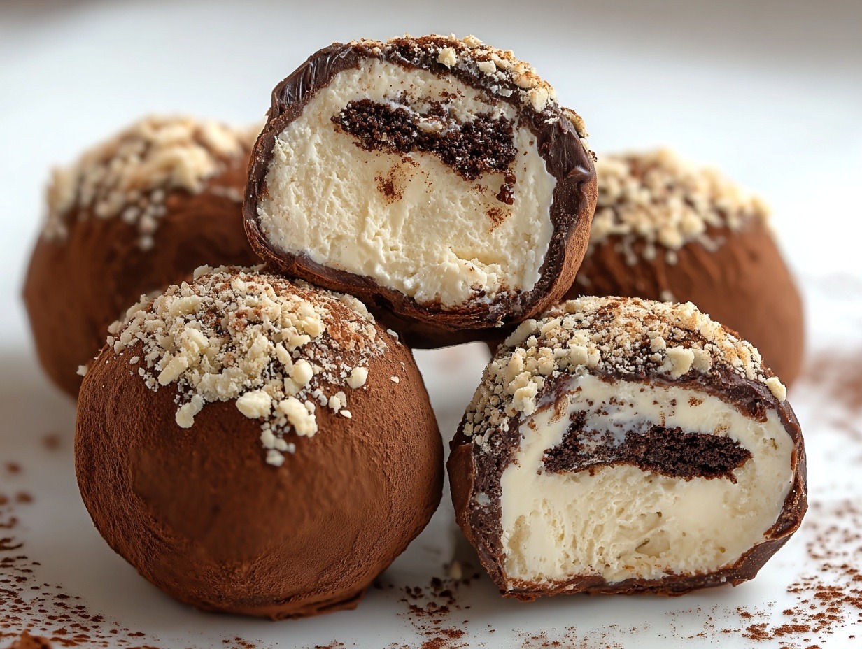 Dark chocolate coated tiramisu truffle dusted with cocoa powder, cut open showing creamy mascarpone filling with ladyfinger pieces
