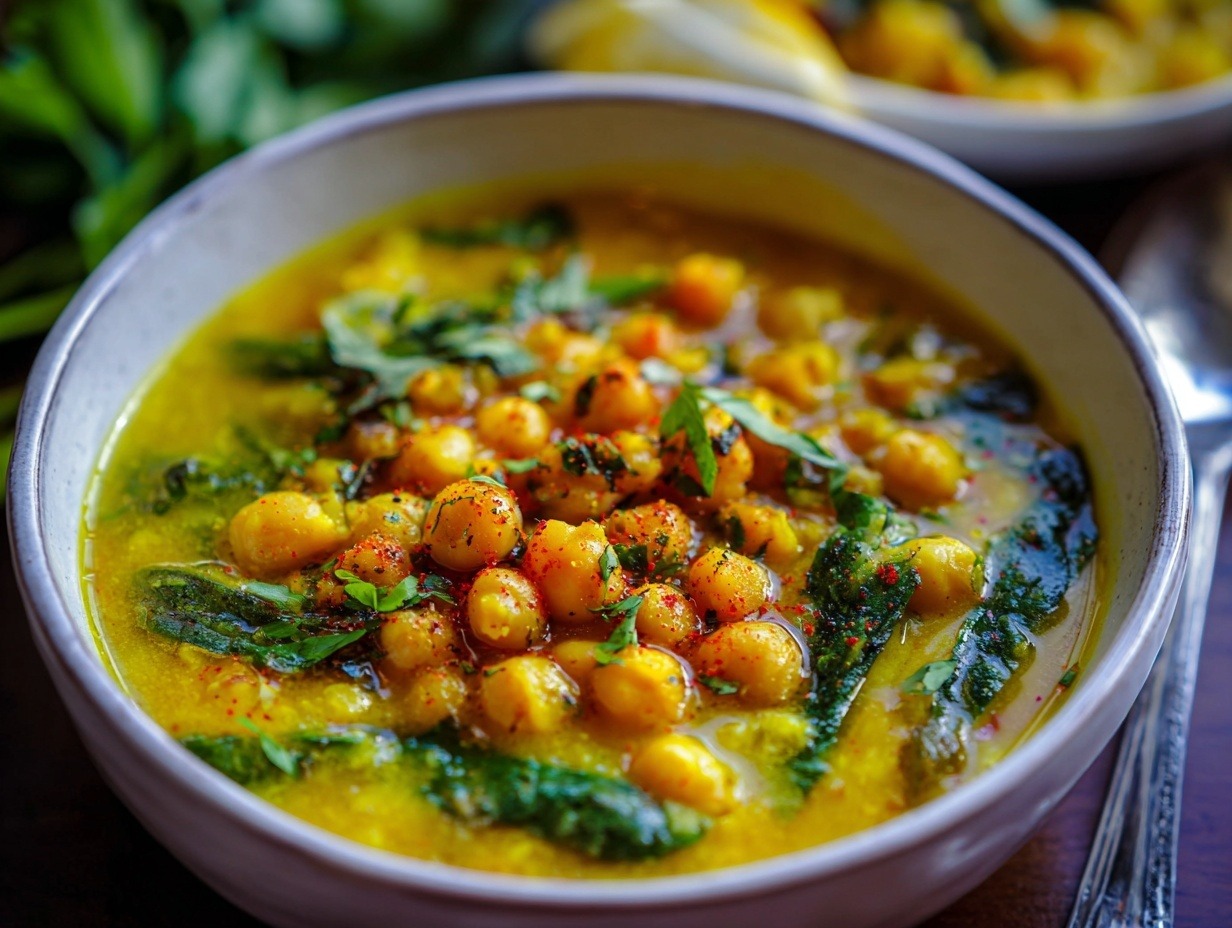 Vibrant golden turmeric soup in white bowl with chickpeas, orzo, spinach, olive oil drizzle and red pepper flakes