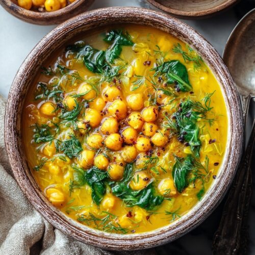 Vibrant golden turmeric soup in white bowl with chickpeas, orzo, spinach, olive oil drizzle and red pepper flakes