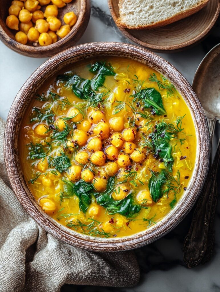 Vibrant golden turmeric soup in white bowl with chickpeas, orzo, spinach, olive oil drizzle and red pepper flakes