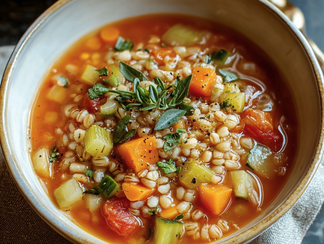 Vegetable barley soup in ceramic bowl showing pearl barley grains, diced carrots, celery, bell peppers, zucchini, and spinach in tomato-herb broth