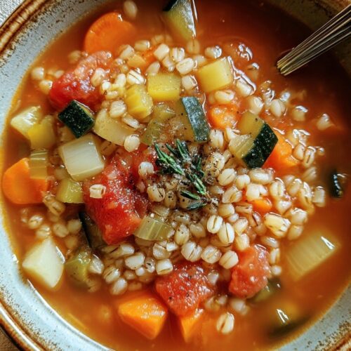 Vegetable barley soup in ceramic bowl showing pearl barley grains, diced carrots, celery, bell peppers, zucchini, and spinach in tomato-herb broth