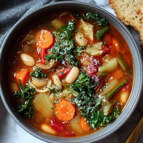 Winter minestrone soup in white bowl with carrots, celery, cannellini beans, ditalini pasta, kale in tomato-vegetable broth, topped with Parmesan cheese, olive oil drizzle, fresh basil, served with crusty bread