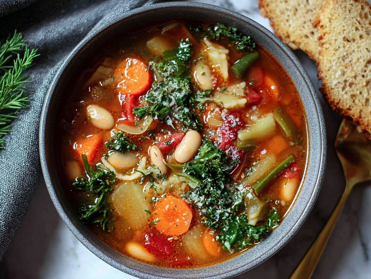 Winter minestrone soup in white bowl with carrots, celery, cannellini beans, ditalini pasta, kale in tomato-vegetable broth, topped with Parmesan cheese, olive oil drizzle, fresh basil, served with crusty bread