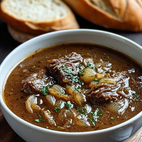 French onion beef short rib soup in ceramic bowl with caramelized onions, tender beef, and melted Gruyere cheese on toasted bread