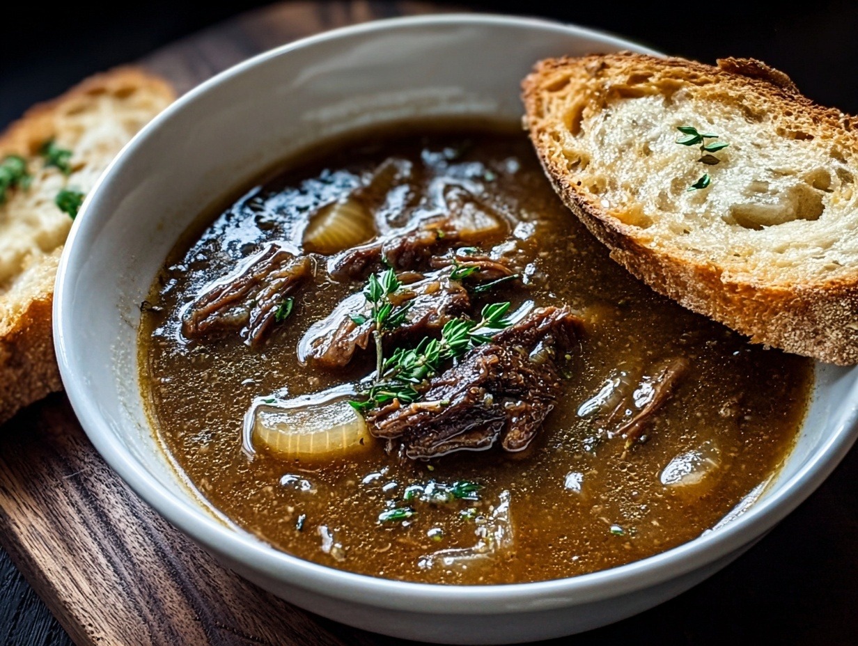French onion beef short rib soup in ceramic bowl with caramelized onions, tender beef, and melted Gruyere cheese on toasted bread