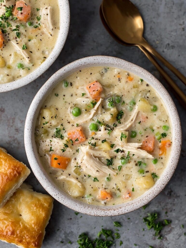 Healthy chicken pot pie soup in white bowl with carrots, potatoes, and chicken in creamy broth with black pepper on gray background