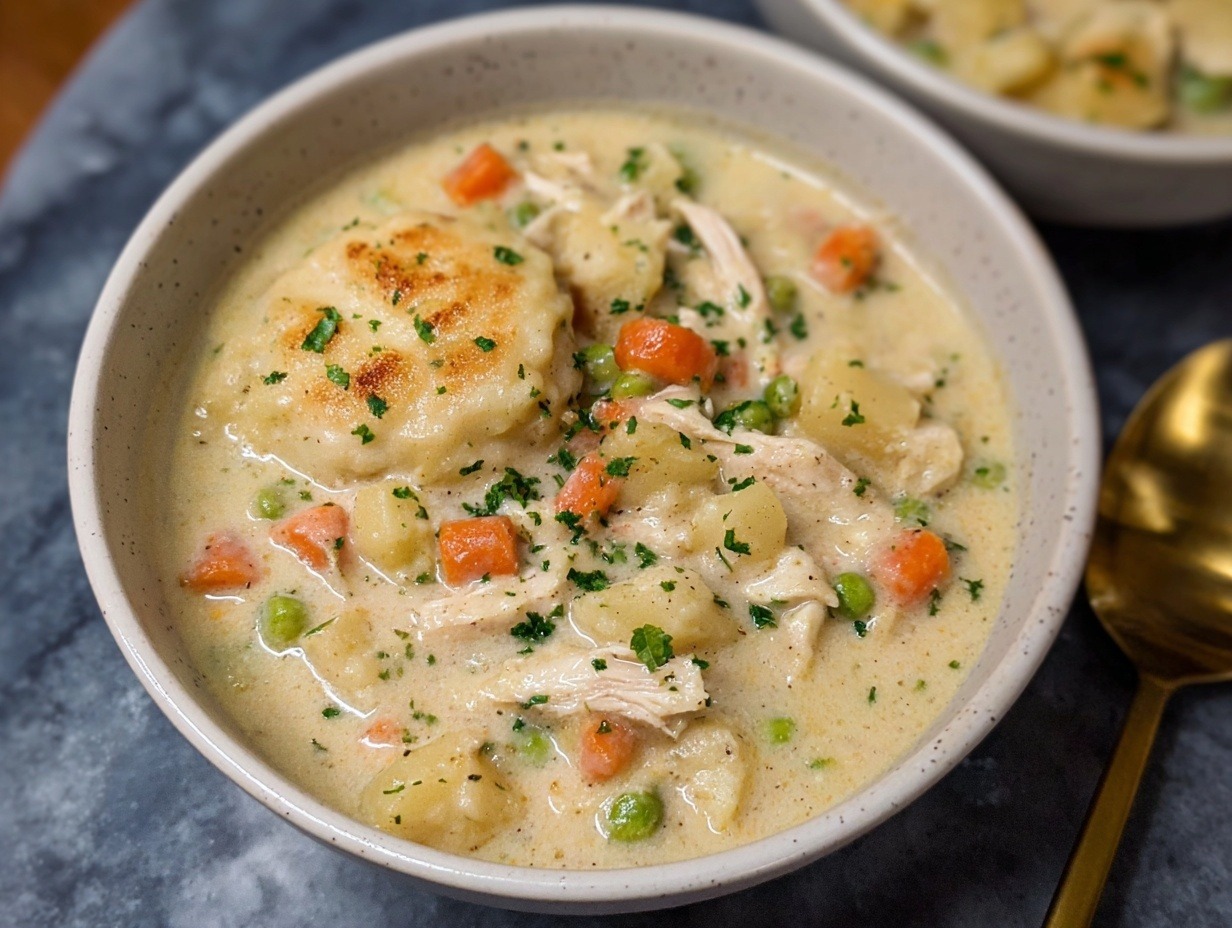 Healthy chicken pot pie soup in white bowl with carrots, potatoes, and chicken in creamy broth with black pepper on gray background