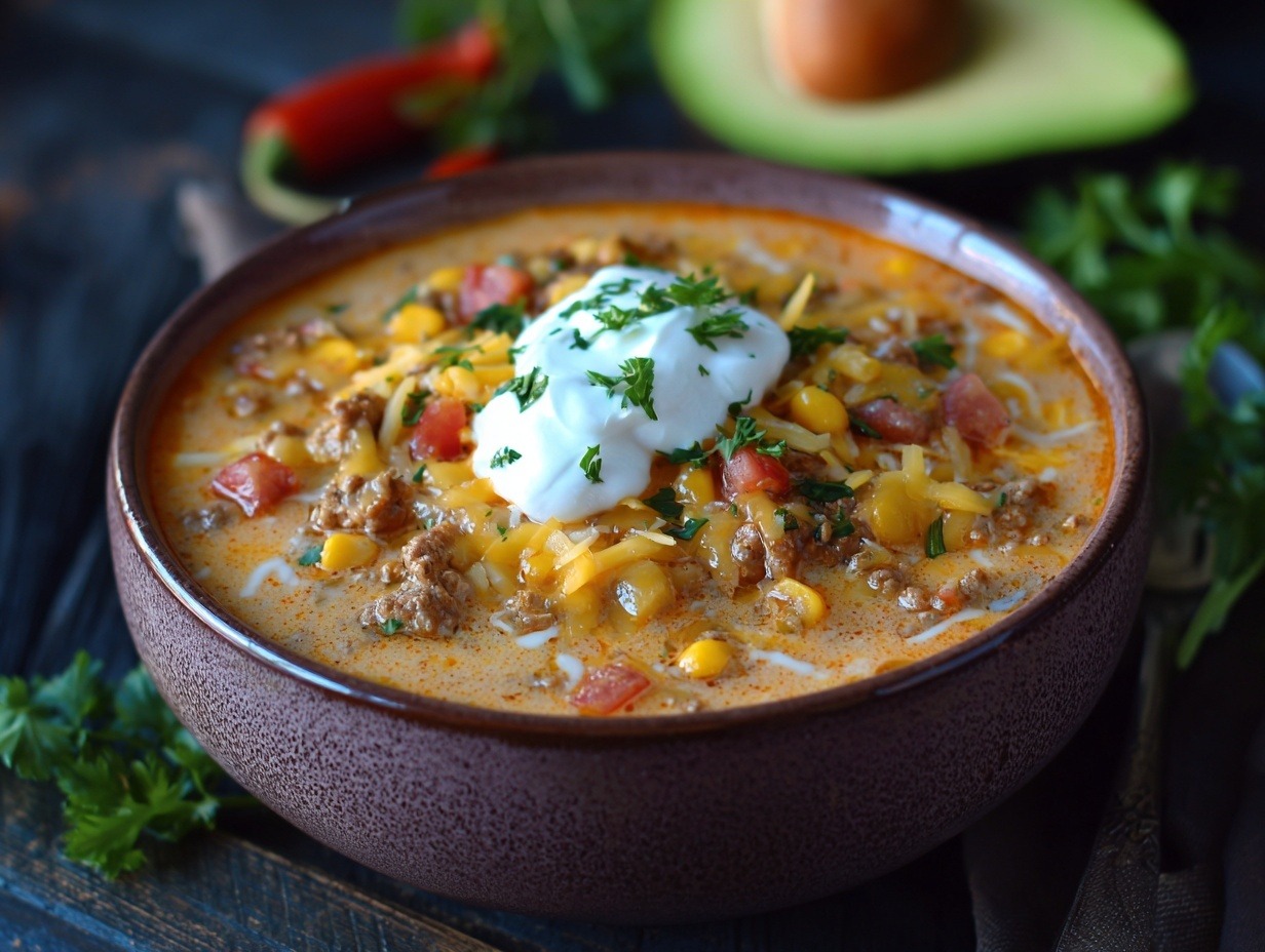 High protein creamy taco soup in ceramic bowl topped with sour cream, cilantro, and shredded cheese, showing thick creamy orange broth with visible turkey and black beans, served with tortilla chips