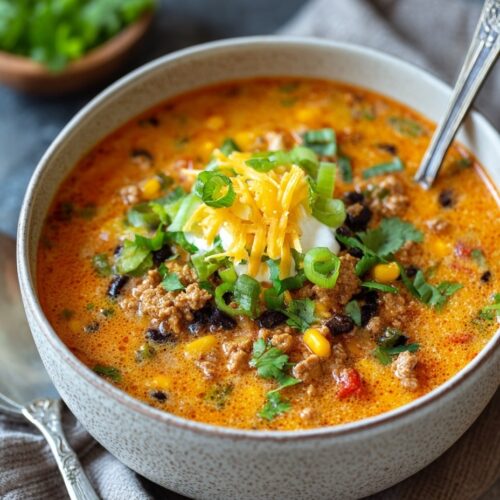 High protein creamy taco soup in ceramic bowl topped with sour cream, cilantro, and shredded cheese, showing thick creamy orange broth with visible turkey and black beans, served with tortilla chips