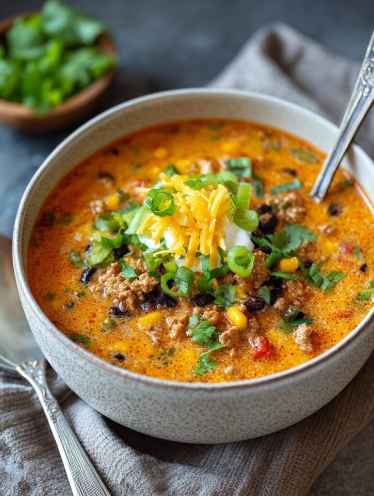 High protein creamy taco soup in ceramic bowl topped with sour cream, cilantro, and shredded cheese, showing thick creamy orange broth with visible turkey and black beans, served with tortilla chips
