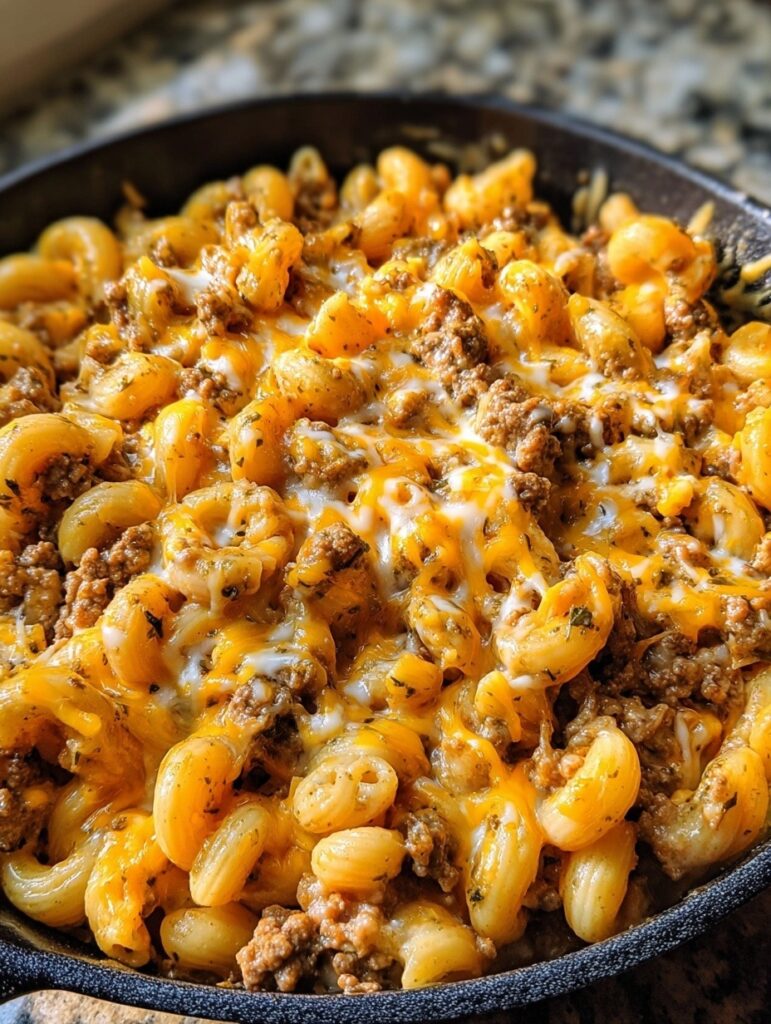 Homemade hamburger helper with ground beef, macaroni pasta, and creamy cheese sauce in large skillet