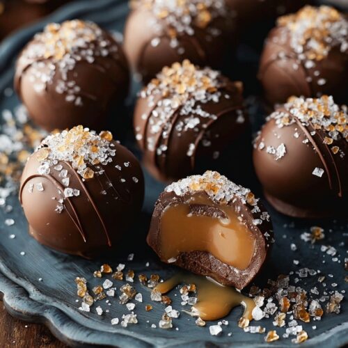 Homemade salted caramel truffles with dark chocolate coating on white plate, one cut open showing golden caramel center with sea salt