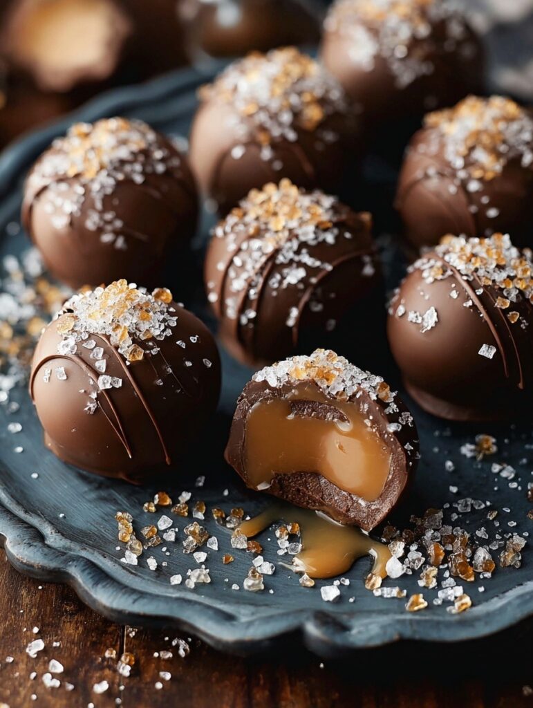 Homemade salted caramel truffles with dark chocolate coating on white plate, one cut open showing golden caramel center with sea salt