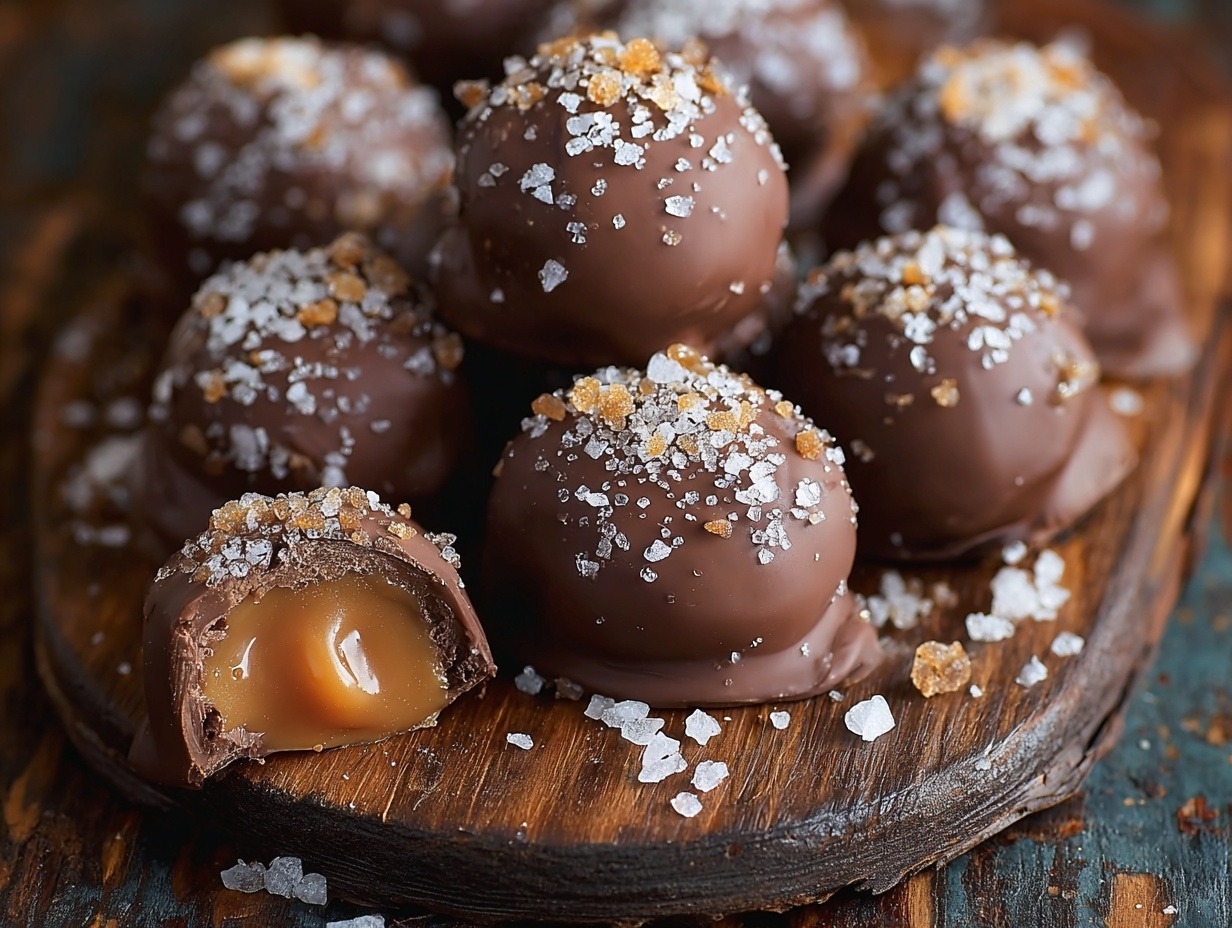 Homemade salted caramel truffles with dark chocolate coating on white plate, one cut open showing golden caramel center with sea salt
