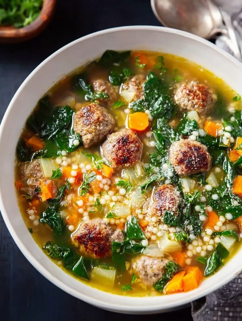 Italian wedding soup in bowl with meatballs, tiny pasta, shredded chicken, and fresh spinach in flavorful broth with parmesan