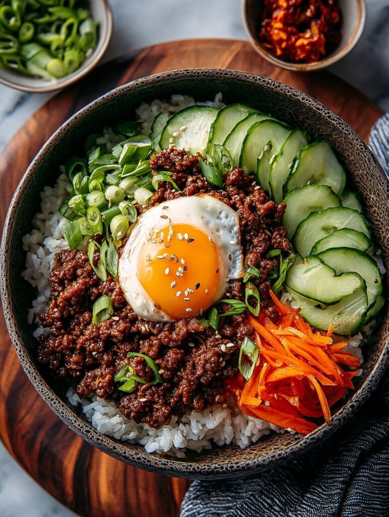 Korean beef bowl with sweet and savory ground beef over white rice, garnished with sesame seeds and sliced green onions