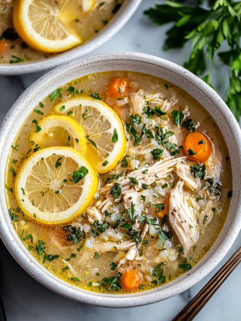 Lemon chicken orzo soup in white bowl with tender chicken, orzo pasta, carrots, and fresh spinach garnished with lemon slices and dill