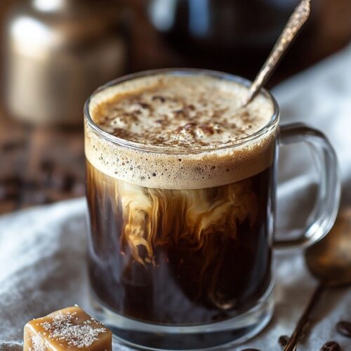 Maple brown butter coffee in ceramic mug topped with whipped cream, maple syrup drizzle, cinnamon, and chopped pecans, showing creamy caramel-colored coffee